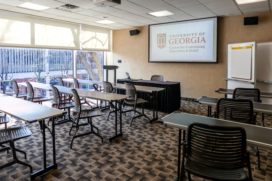 Conference room D set up as a classroom