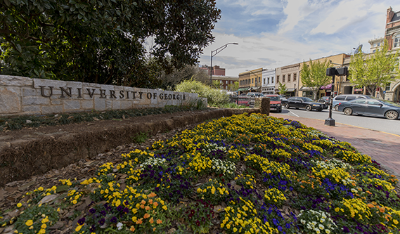 Entrance to the University of Georgia. Sign in Springtime surrounded by spring flowers